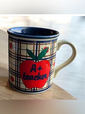NEW Old Stock Potpourri Press A+ Teacher Mug Apple Plaid Christmas Vintage 1990